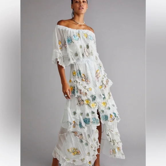 Free People Fillyboo Sweet Pea Tambourine Maxi Dress Off The Shoulder Gray Blue - Picture 1 of 6